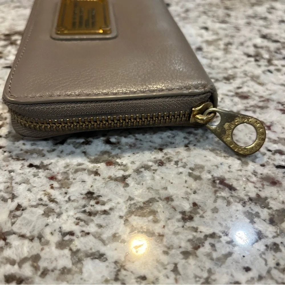 Marc Jacobs Taupe Leather Zip-Around Wallet with Gold Plaque